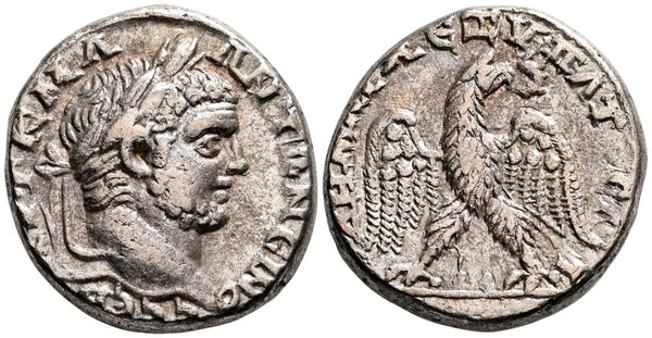 Ancient Roman silver tetradrachm of Caracalla as Augustus minted in Tripolis, Phoenicia in 215-217 AD