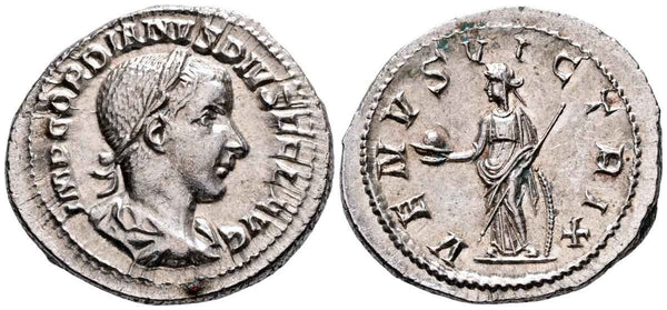 EF Ancient Roman silver denarius of the Emperor Gordian III minted in Rome in 240 AD