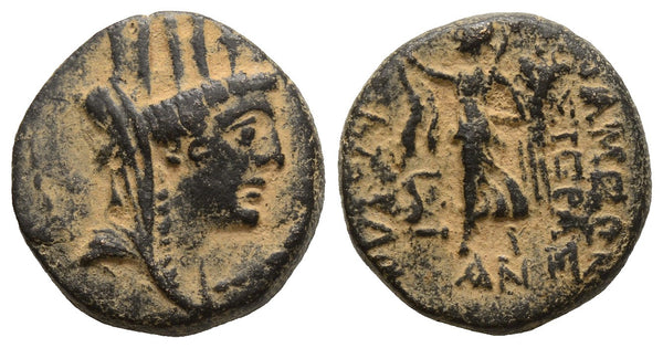 Ancient Greek coin with Athena and Nike minted in Apameia circa 1st century BC