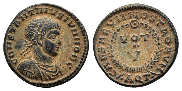 VF+++ Ancient Roman coin of Constantine II minted in Aquileia - CAESARVM NOSTRORVM VOT / V