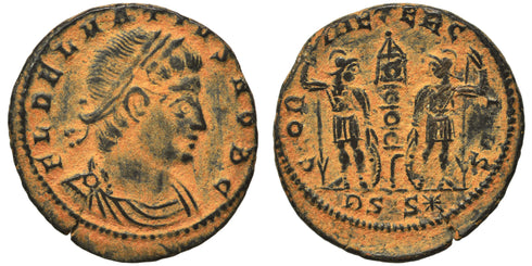 VF+++ Ancient Roman coin of Delmatius as Caesar - GLORIA EXERCITVS - Siscia