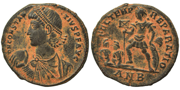 Ancient Roman coin of Constantius II with two bound captives - FEL TEMP REPARATIO