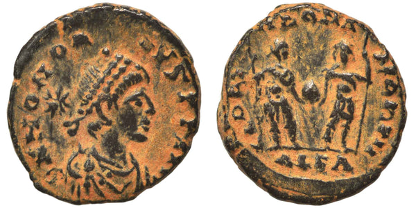 Ancient Roman coin of the Emperors Honorius and Theodosius II minted in Alexandria, Egypt