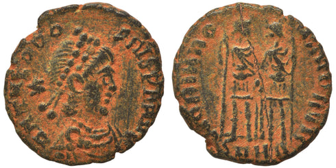 Ancient Roman coin of the Emperors Theodosius II and Honorius minted in Heraclea