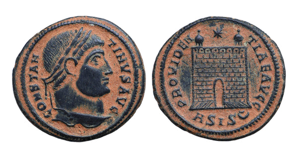 VF+ Ancient Roman coin of Constantine I minted in Siscia - PROVIDENTIAE AVGG - Campgate with 13 levels