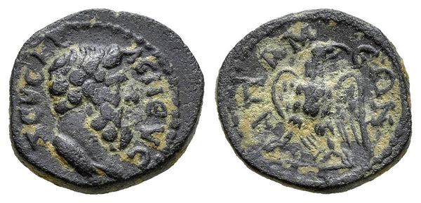 Ancient Greek city coin from Apameia, Phrygia minted during the Roman Severan era 193-235 AD - Zeus and Eagle