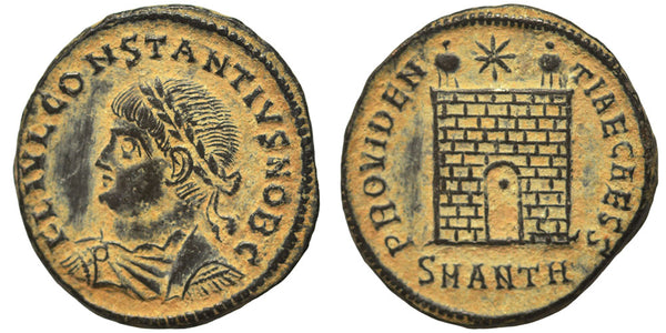 EF+ Ancient Roman coin of Constantius II as Caesar - PROVIDENTIAE CAESS - Campgate with 12 levels