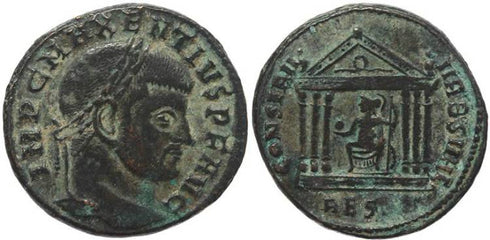 Silvered Roman coin of Maxentius - Follis - CONSERV VRB SVAE - Rome