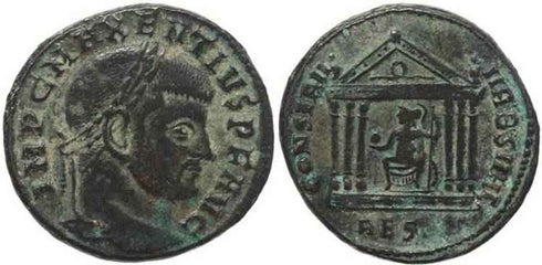 Silvered Roman coin of Maxentius - Follis - CONSERV VRB SVAE - Rome