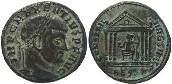 Silvered Roman coin of Maxentius - Follis - CONSERV VRB SVAE - Rome