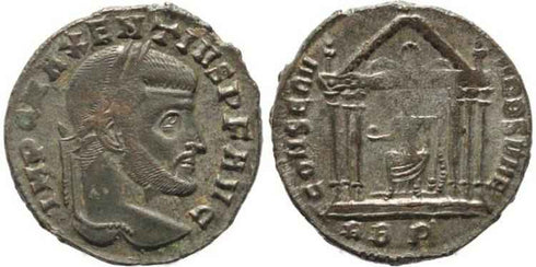 Silvered Ancient Roman coin of Maxentius - CONSERV VRB SVAE - Rome