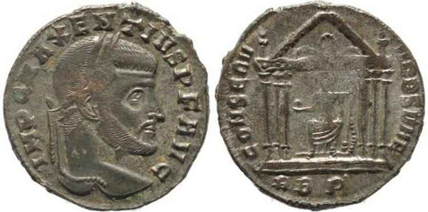 Silvered Ancient Roman coin of Maxentius - CONSERV VRB SVAE - Rome
