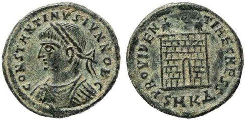 Ancient Roman coin of Constantine II minted in Cyzicus - Campgate with 8 levels