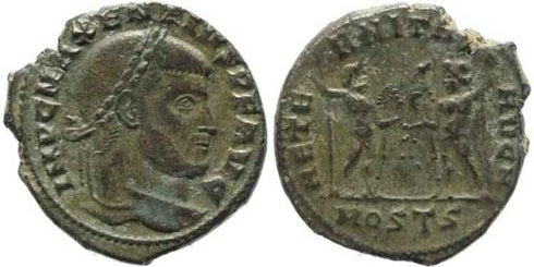 Silvered Ancient Roman coin of Maxentius - AETERNITAS AVG N - Ostia
