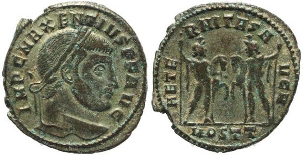 Silvered Ancient Roman coin of Maxentius - AETERNITAS AVG N - Ostia