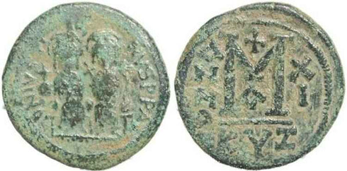 Byzantine Empire - Justin II & Sophia AE follis - Cyzicus- Year XI