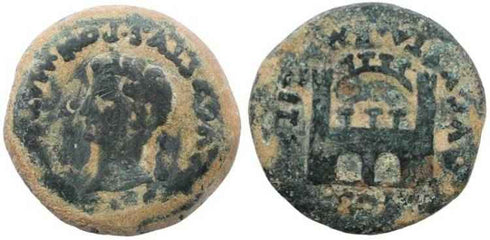 Tiberius - Spain - Emerita, City Gate Reverse Ae25