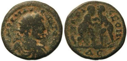 Anicent Roman coin of Elagabalus, Laodikeia, AE17 - Two wrestlers
