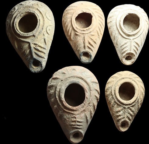5 Ancient Byzantine Candlestick Oil Lamps from the Holyland circa 350-800 AD
