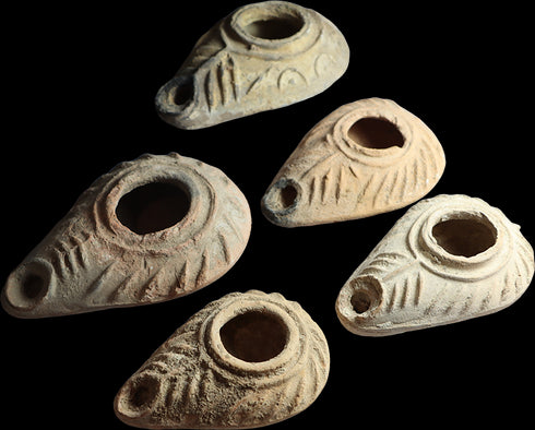 5 Ancient Byzantine Candlestick Oil Lamps from the Holyland circa 350-800 AD