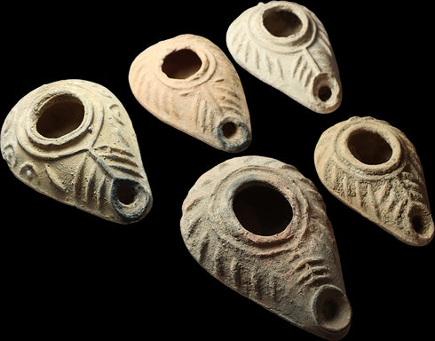 5 Ancient Byzantine Candlestick Oil Lamps from the Holyland circa 350-800 AD