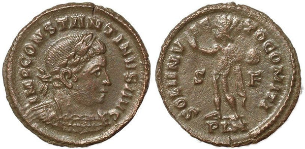 Roman coin of Constantine I from London, featuring laureate bust and Sol standing with globe.