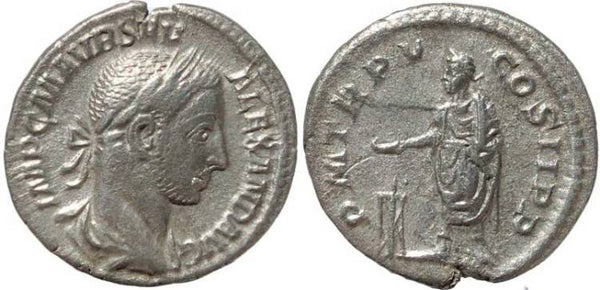 Ancient Roman coin of Severus Alexander denarius - PM TRP V COS II PP - RIC 55, RSC 289