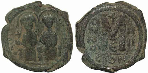 Byzantine coin of Justin II and Sophia AE Follis - Constantinople - Year 4