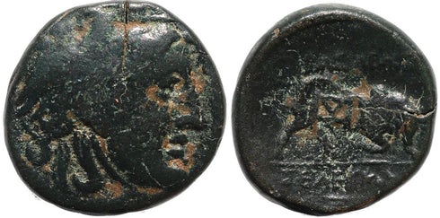 Ancient Seleucid coin of Seleukos I - Winged Medusa and Bull - countermarked
