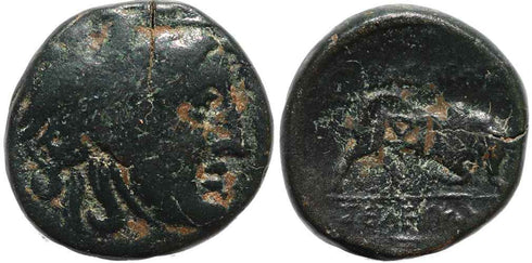 Ancient Seleucid coin of Seleukos I - Winged Medusa and Bull - countermarked