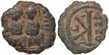 Byzantine coin of Justin II and Sophia - Ae half follis - Thessalonica - clashed die
