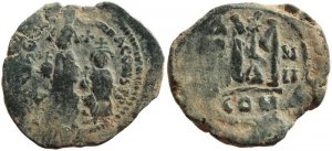 Byzantine coin of Heraclius, 5 Oct 610 - 11 Jan 641 A.D., and Heraclius Constantine, 23 Jan 613 - 20 Apr 641 A.D