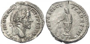 Roman coin of Antoninus Pius AR silver denarius - VOTA SVSCEPTA DEC III COS IIII