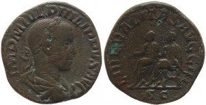 Roman coin of Philip II Ae Sestertius - LIBERALITAS AVGG III, SC