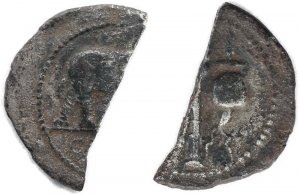 Roman coin of Julius Caesar Elephant denarius - cut in half in antiquity