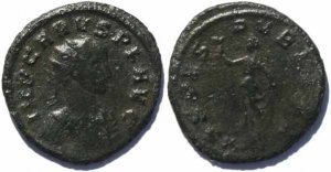Roman coin of Carus 282-283AD Antoninianus, Spes walking holding flower