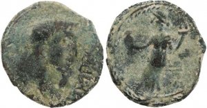 Roman coin of Augustus 27BC-14AD minted in  Irippo, Hispania circa 30BC
