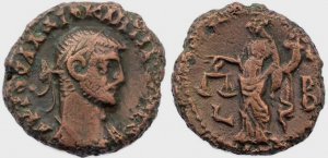 Roman coin of Diocletian Potin Tetradrachm minted in Alexandria, Egypt - Year 2, 285-286 AD.