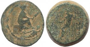 Ancient Greek coin of Tarsos, Cilicia with seated Tyche and Kydnos