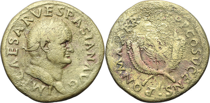 Ancient Roman coin of Vespasian minted in Rome - Winged caduceus betwe ...