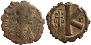 Byzantine coin of Justinian I Ae half follis - Theoupolis