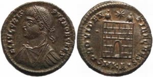 Roman coin of Crispus Ae follis struck 325-326AD Cyzicus