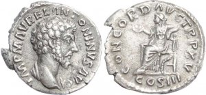 Roman coin of Marcus Aurelius Denarius 161 AD - CONCORD AVG TR P XV, COS III
